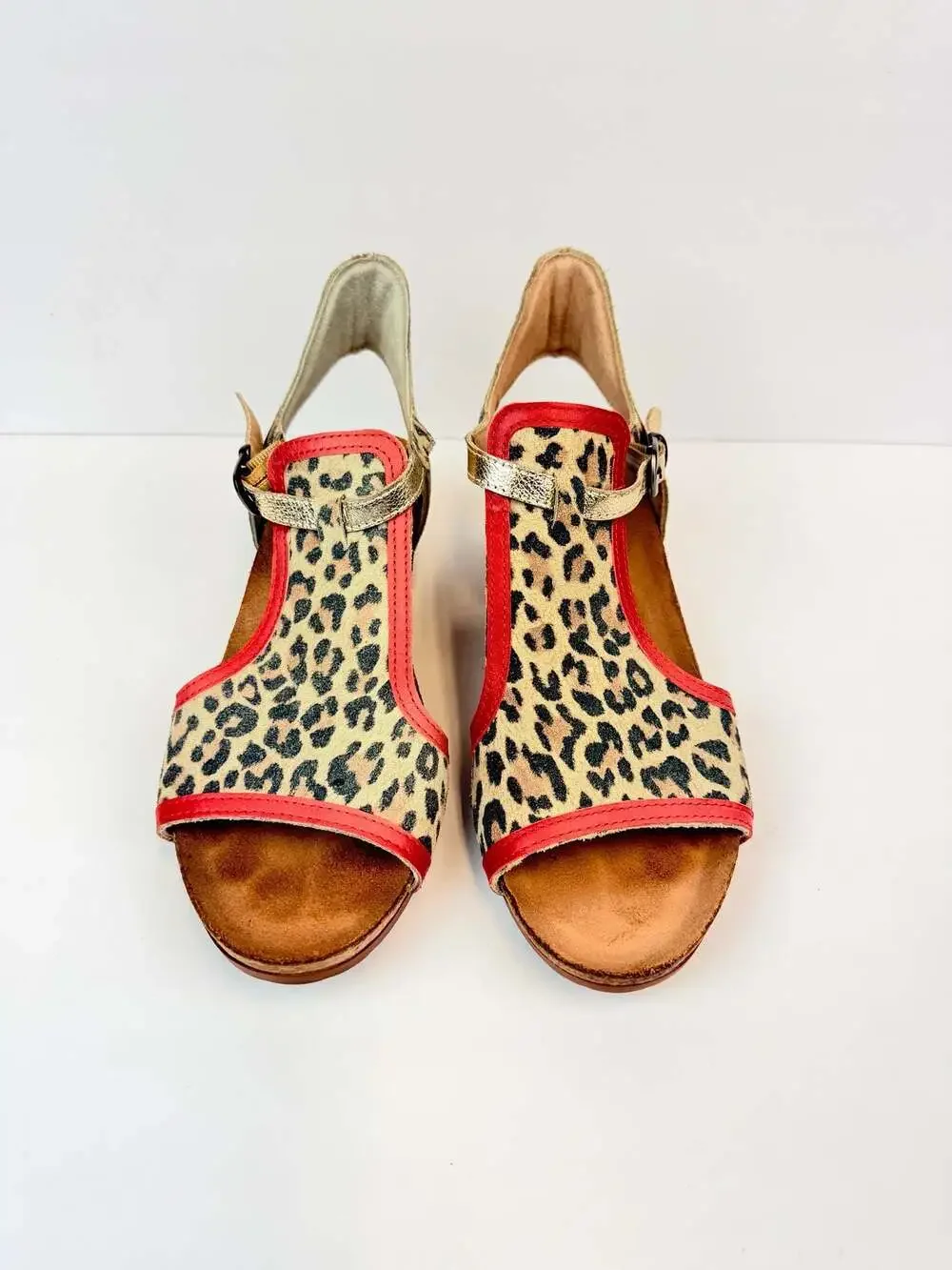 NAOT Fiona Wedge Sandals Cheetah Kiss Red Radiant Gold US 8 EU 39
